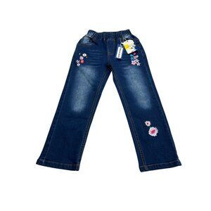 Kids Girls Blue Embroidered Denim Jeans With Elastic Waist & Pockets Size 120 Ki